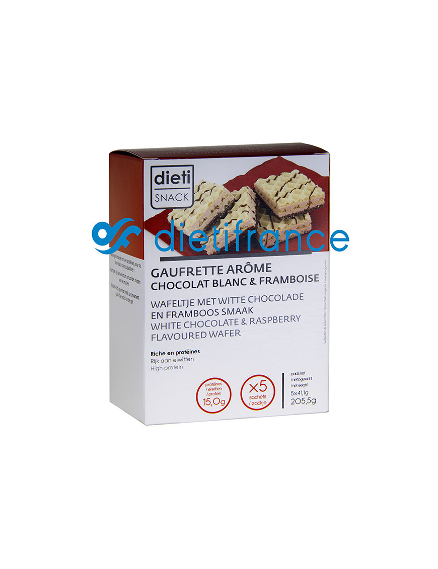 Gaufrette chocolat blanc framboise riche en protéines