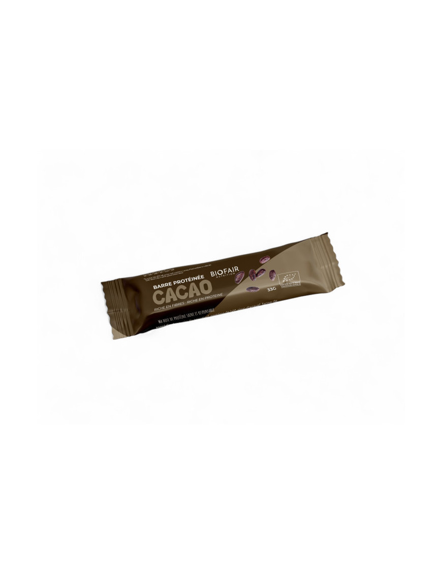 Biofair barre protéinée Bio au cacao avec purée de noisette.